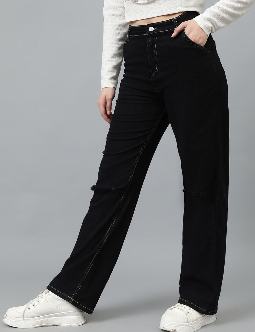 Kotty Women Jean Straight Fit High-Rise Slash Knee Stretchable Jeans