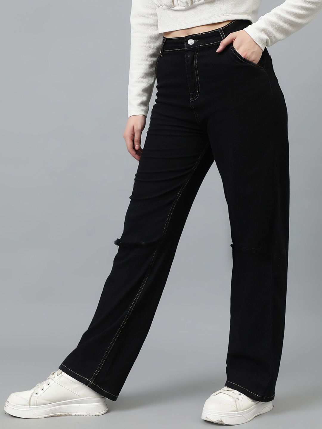 Kotty Women Jean Straight Fit High-Rise Slash Knee Stretchable Jeans