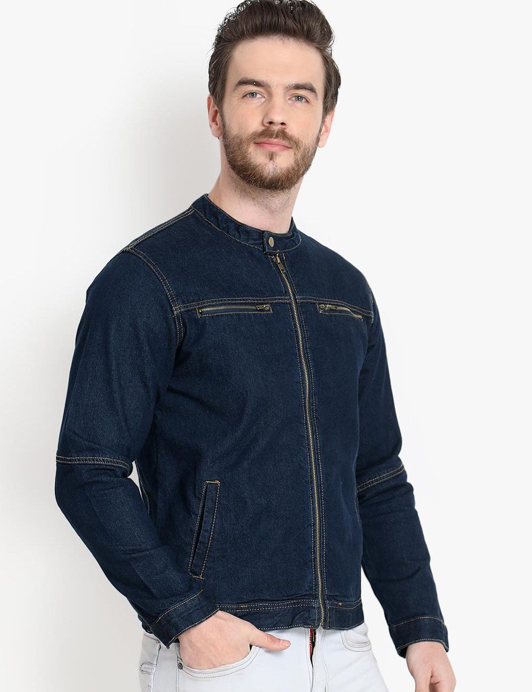 Kotty Men Blue Colourblocked Denim Jacket