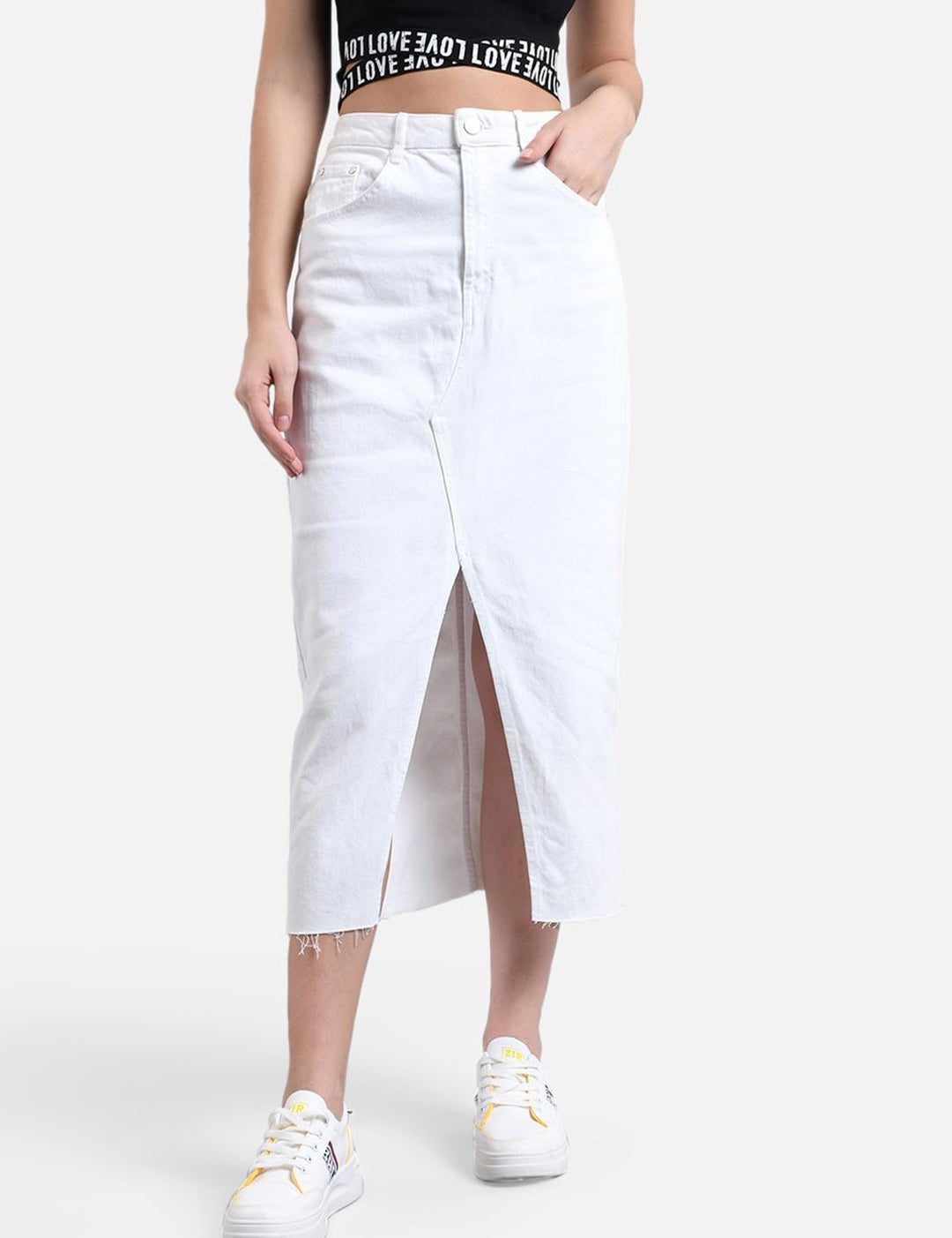 Kotty Women White Solid Denim Straight Skirt