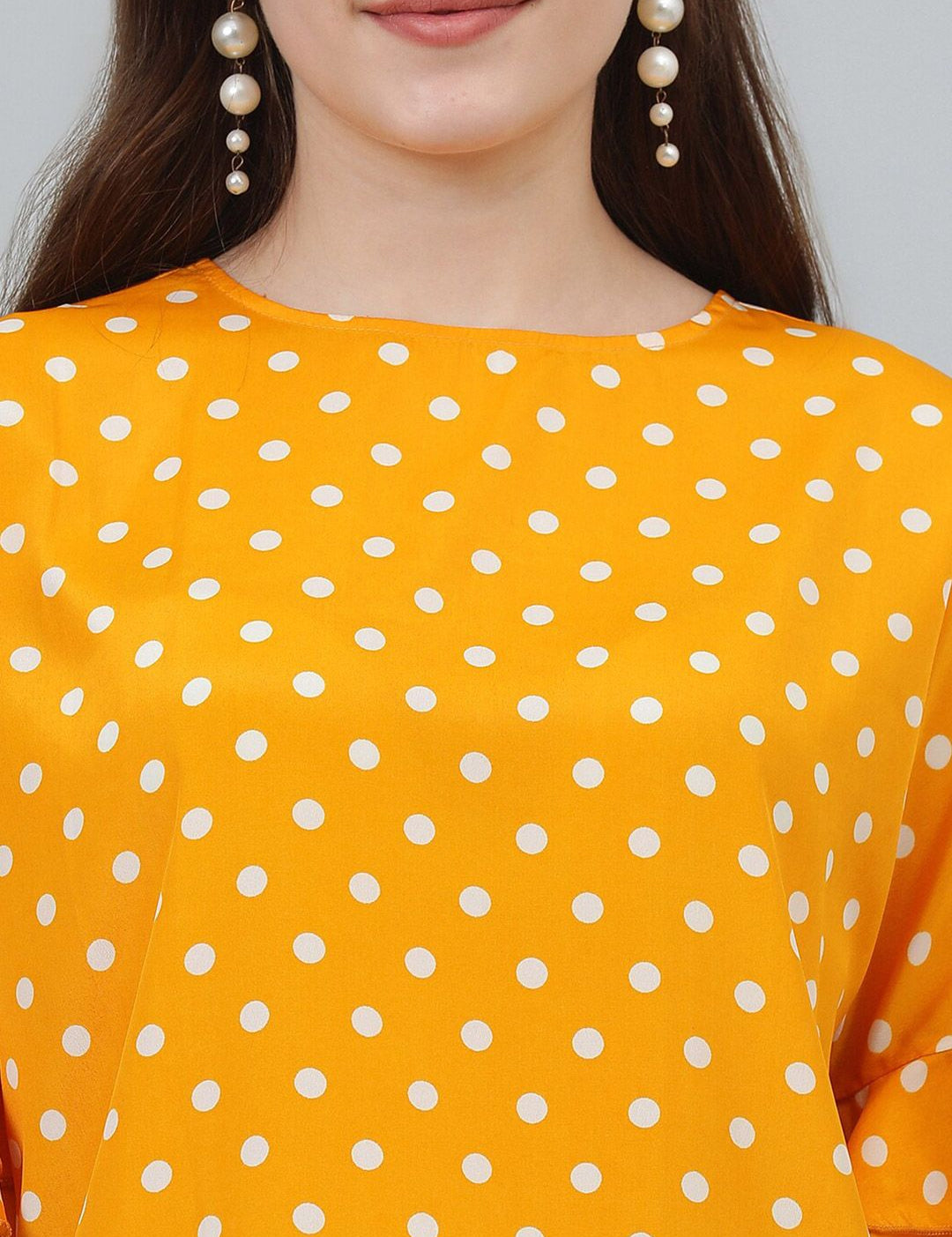 Kotty Yellow Polka Dot Print Flared Sleeve Satin Top