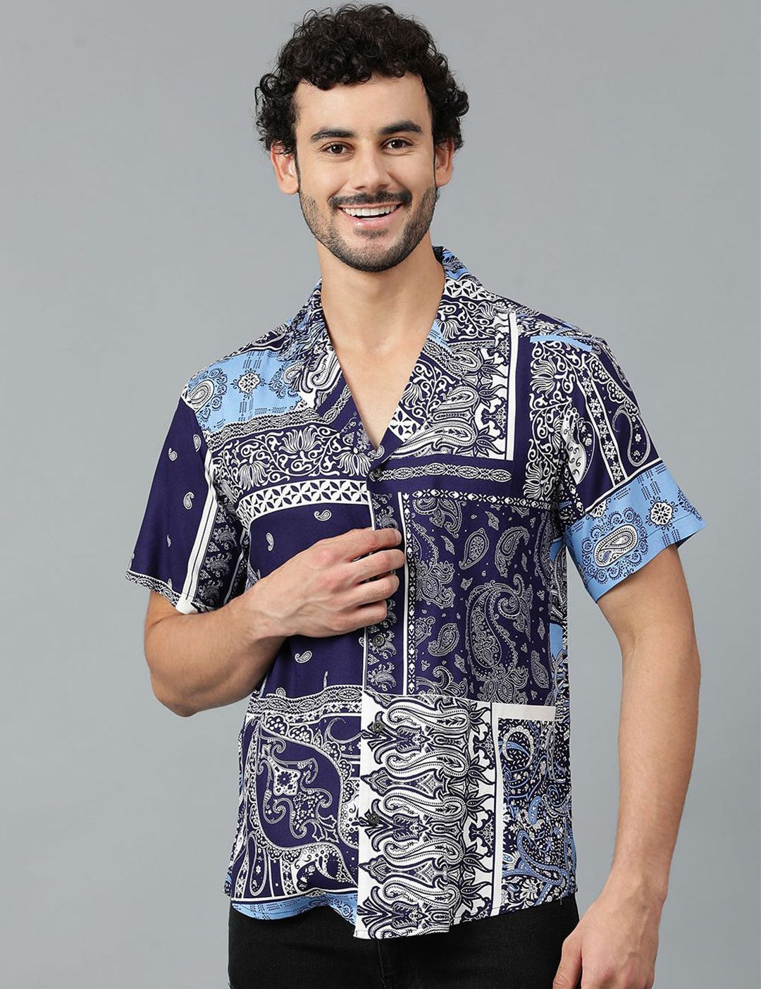 Kotty Men Cuban Collar Ethnic Motifs Printed Casual Shirt