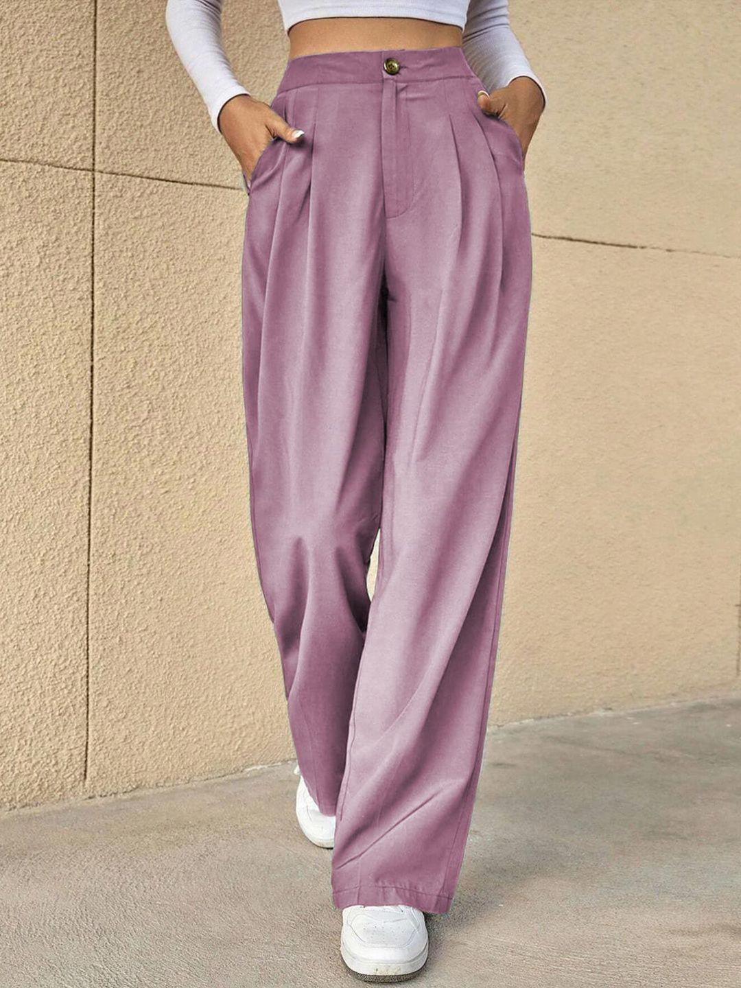 KOTTY BIZwear Women Straight Fit High-Rise Easy Wash Pleated Trousers