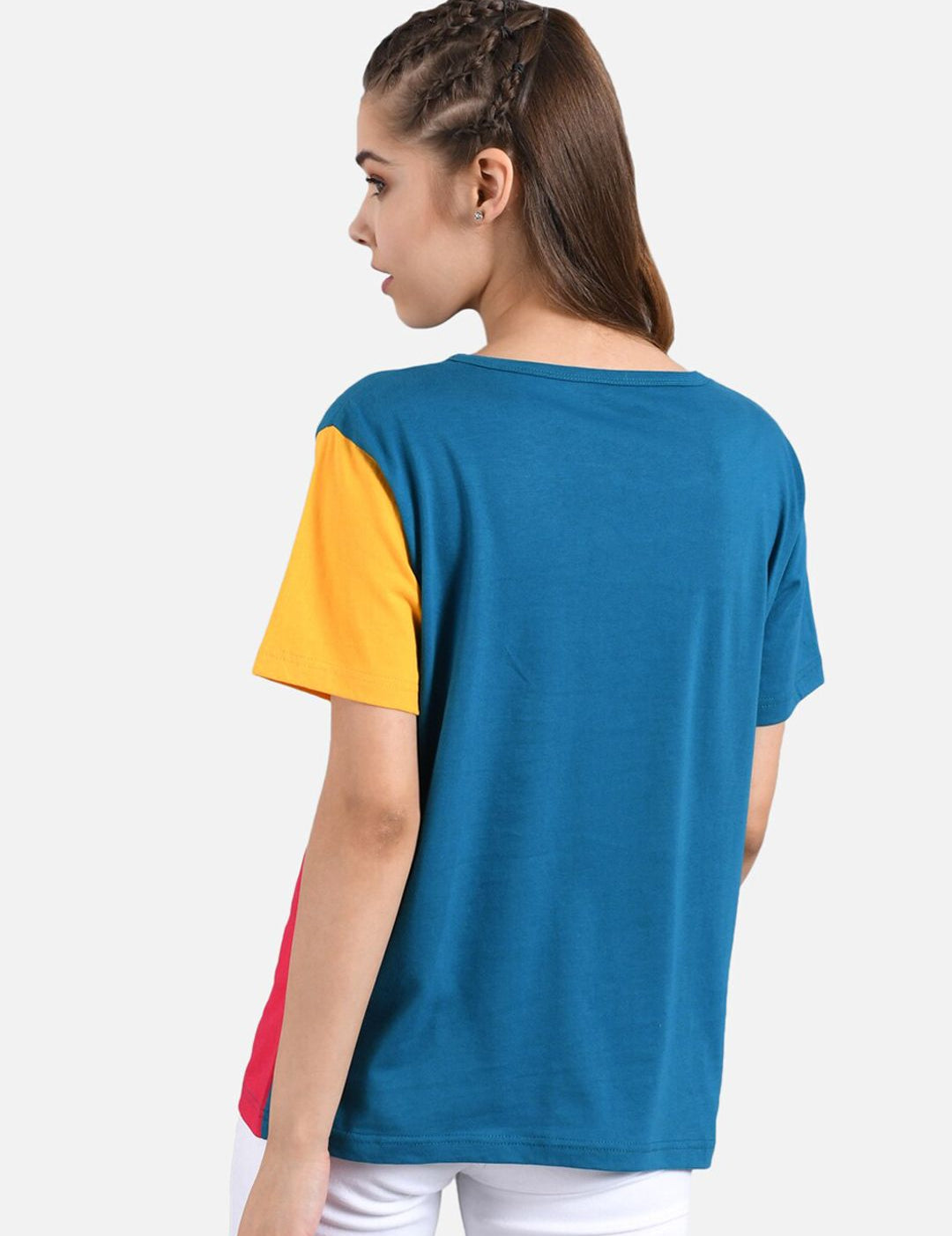 Kotty Women Yellow Colourblocked Round Neck T-shirt