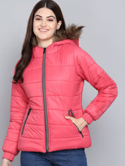 Kotty Women Pink Solid Outdoor Parka Jacket with Faux Fur Trim