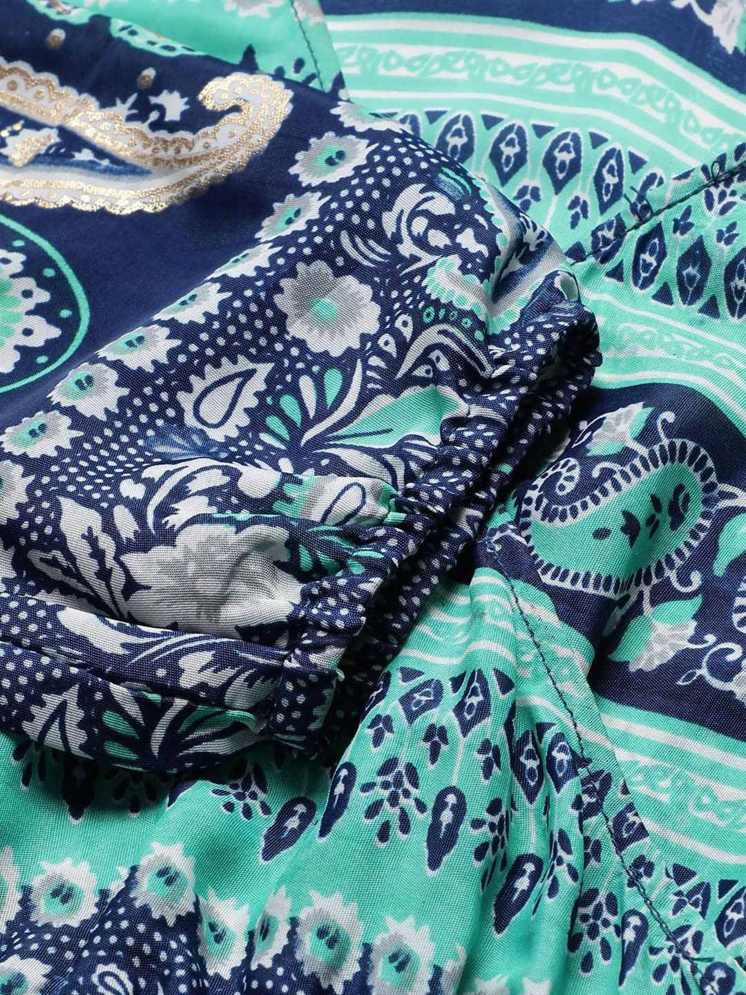 Kotty Blue & Green Ethnic Motifs Printed Wrap Maxi Dress