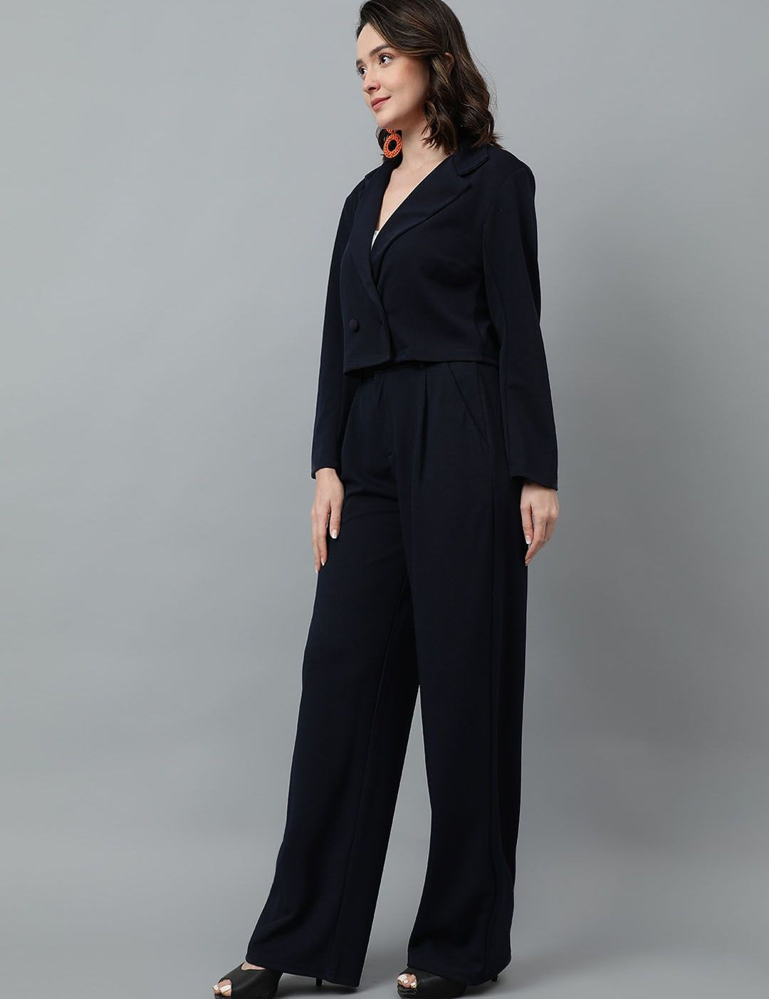 KOTTY BIZwear Navy Blue Notched Lapel Collar Blazer & Mid Rise Trouser