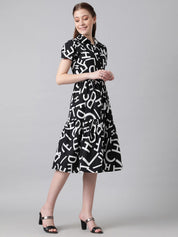 Kotty Black & White Typography Printed Shirt Style Midi Dress
