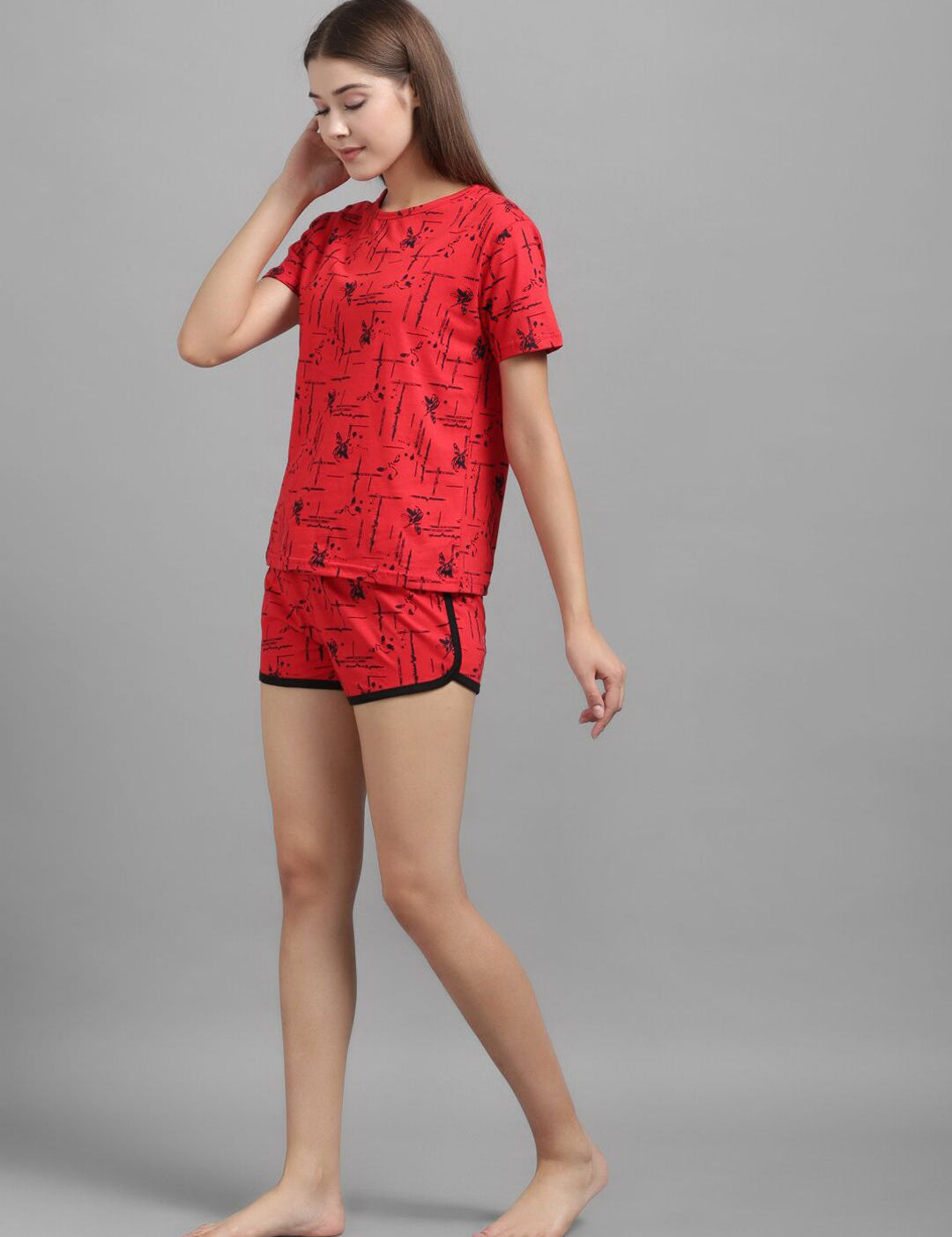 Kotty Women Red & Black Printed Night suit