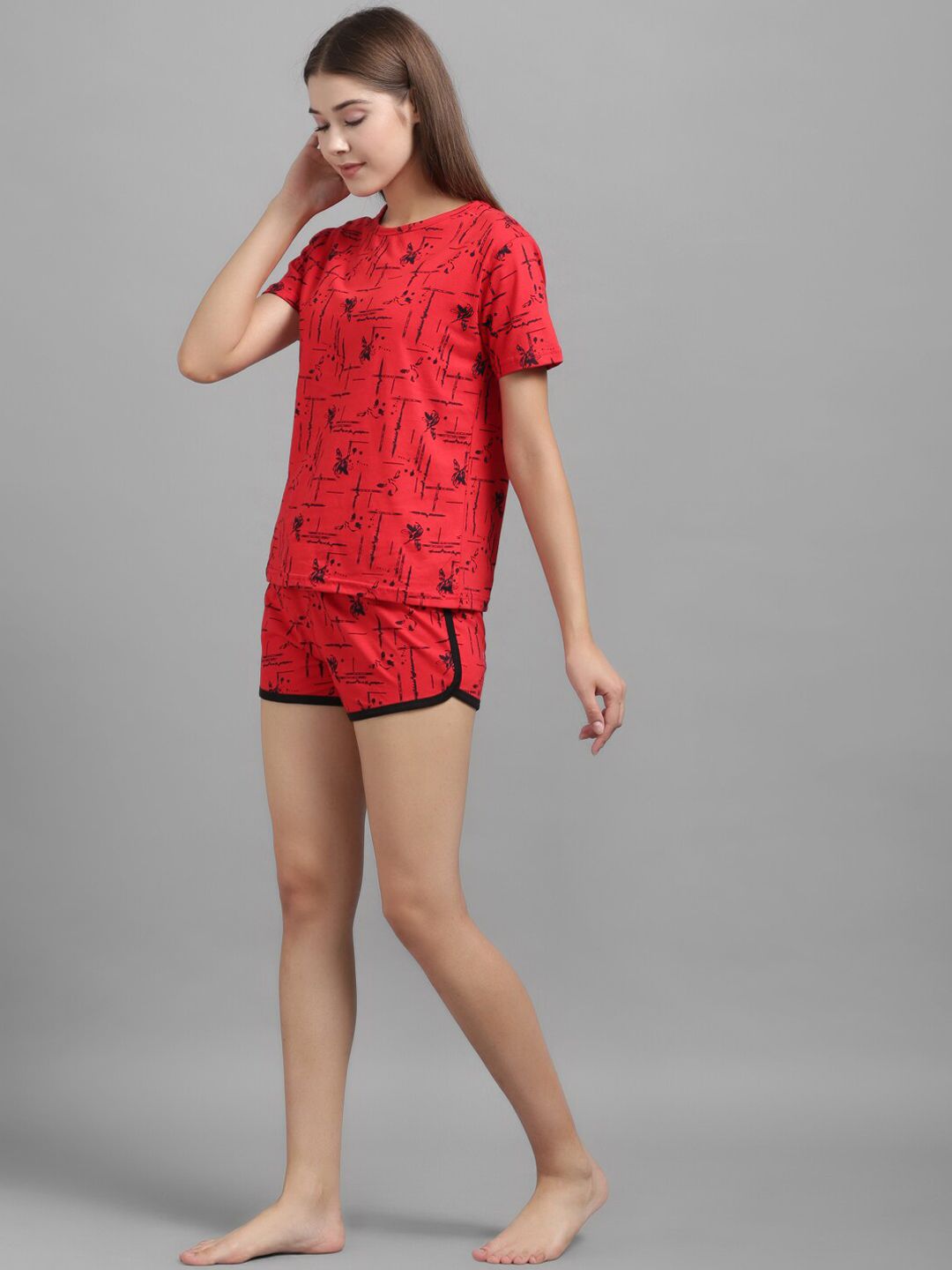 Kotty Women Red & Black Printed Night suit