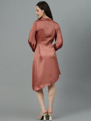 Kotty V-Neck Cuffed Sleeves Satin Wrap Dress