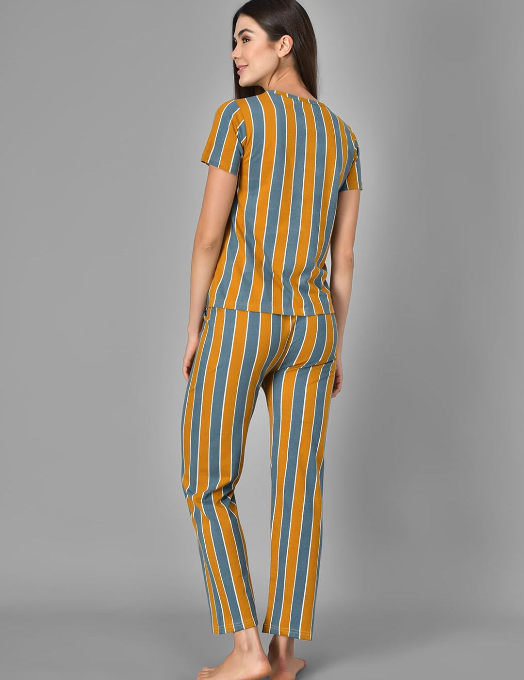 Kotty Women Mustard Yellow & Grey Striped Night Suit