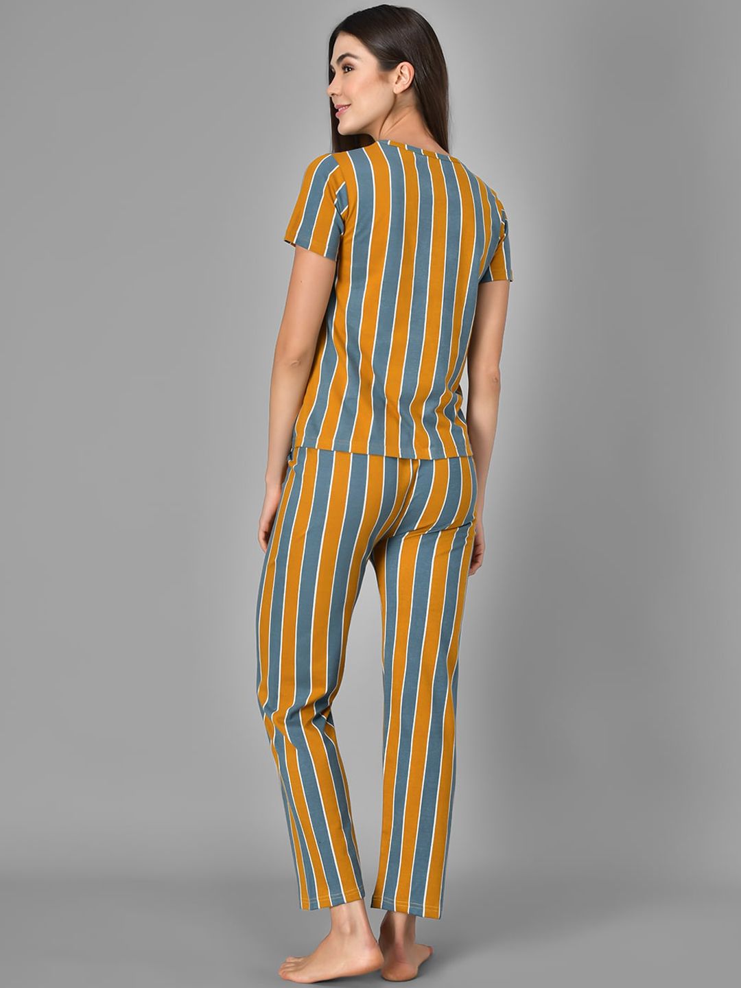 Kotty Women Mustard Yellow & Grey Striped Night Suit