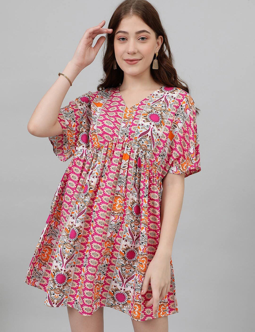 Kotty Pink & White Ethnic Motifs Printed Flared Sleeves Empire Mini Dress