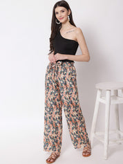 Kotty Women Peach-Coloured Floral Printed Relaxed High-Rise Trousers