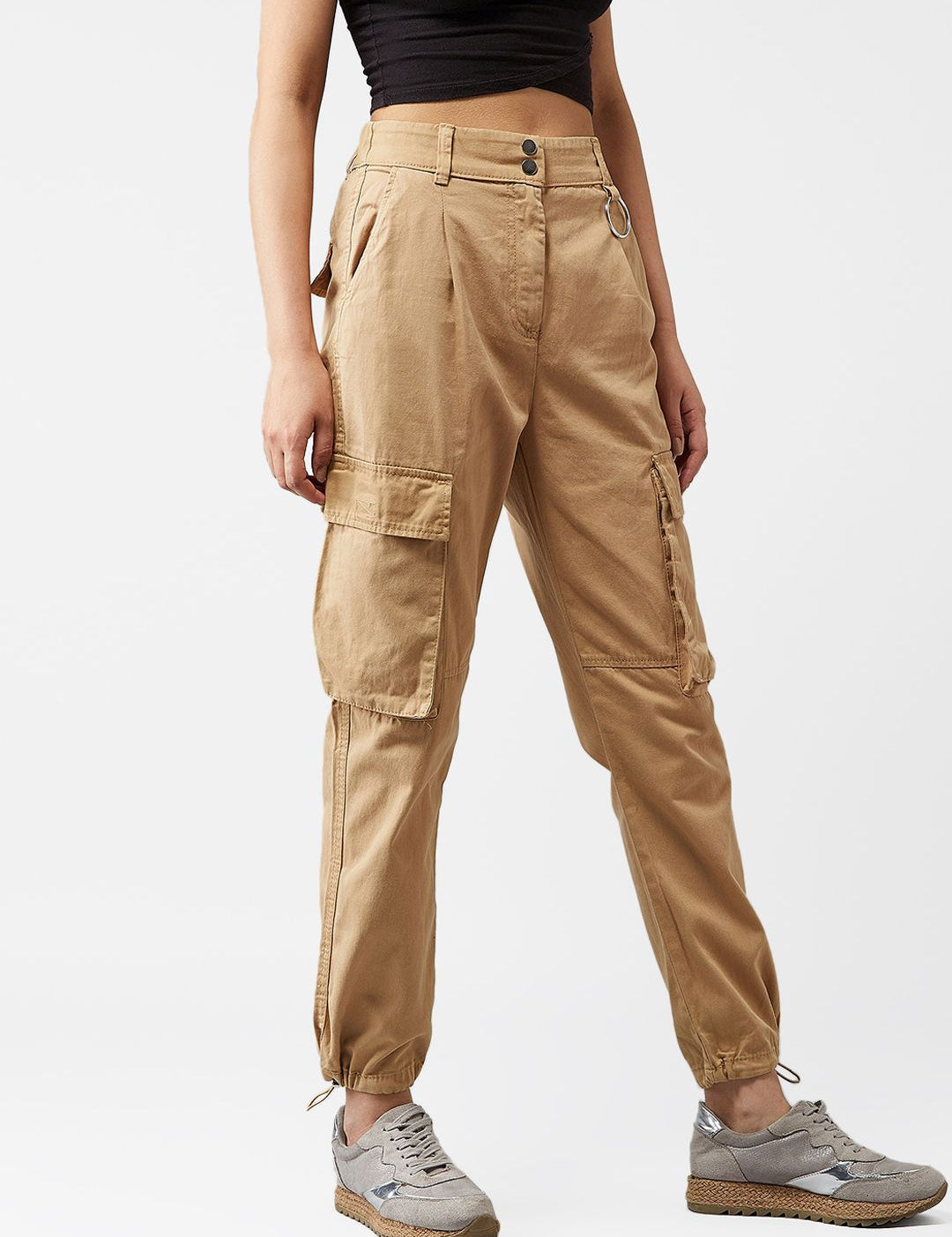 Kotty Women Beige Boyfriend Fit Solid Cargos