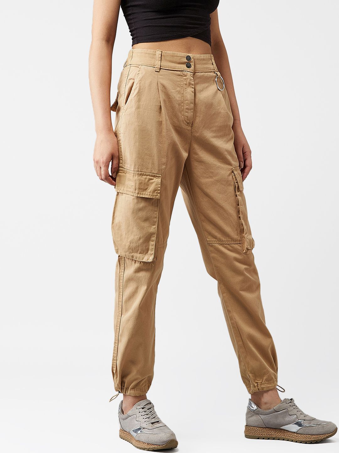 Kotty Women Beige Boyfriend Fit Solid Cargos