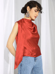 Kotty Red High Neck Sleeveless Pleated Detail Satin Top