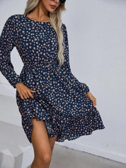 Kotty Polka Dots Printed Puff Sleeve Gathered or Pleated Crepe Fit & Flare Dress