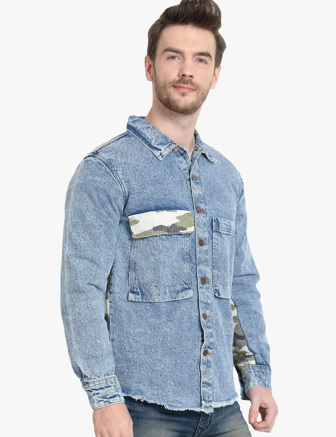 Kotty Men Blue Camouflage Denim Jacket