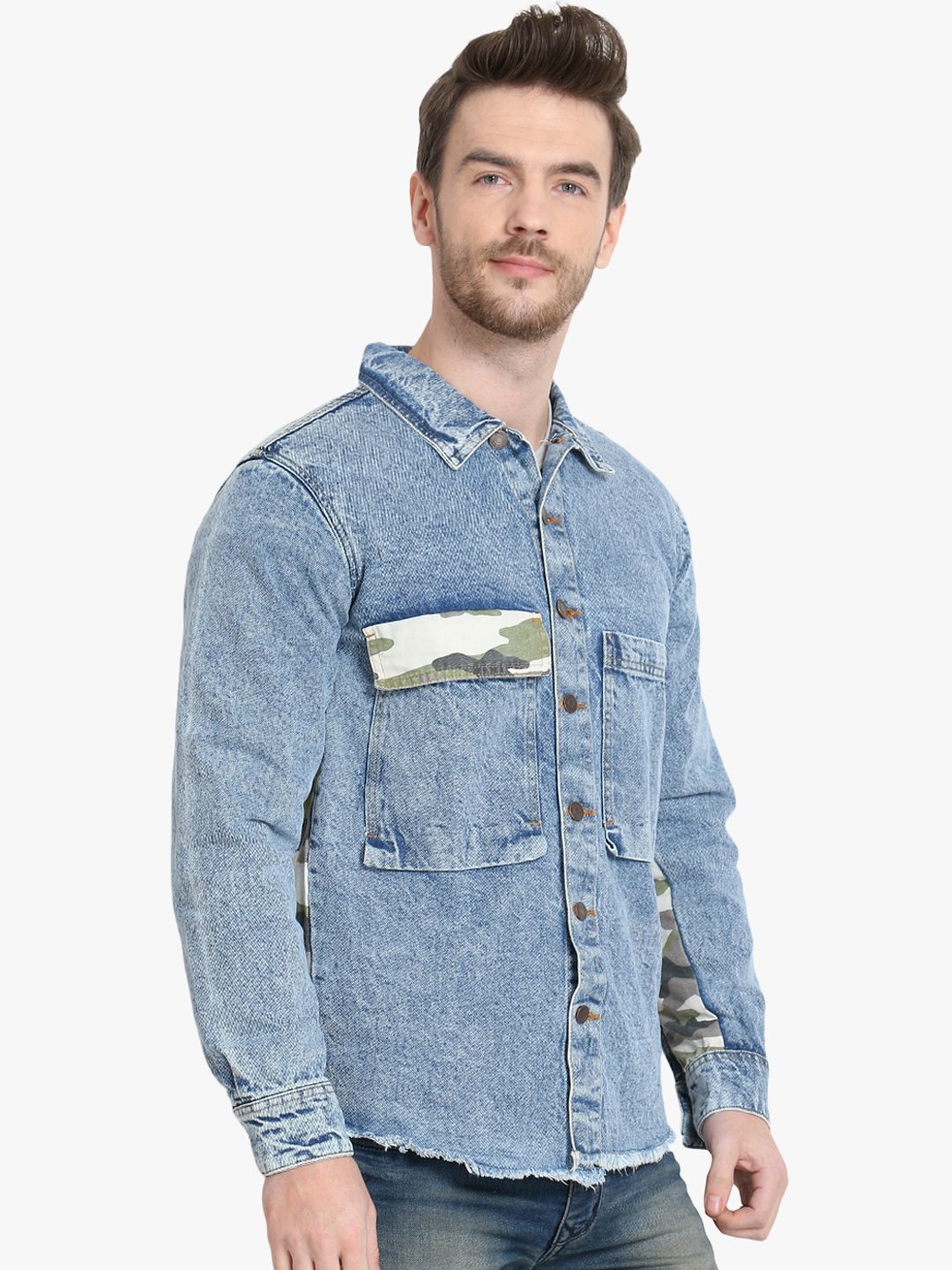 Kotty Men Blue Camouflage Denim Jacket