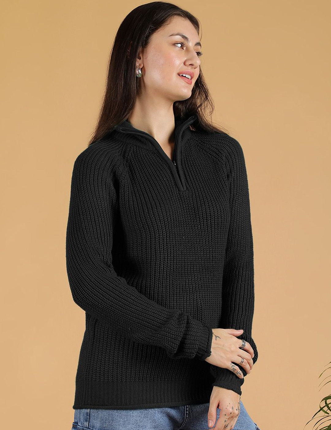 Kotty Women Ribbed Mock Collar Full Sleeve Pullover Sweaters