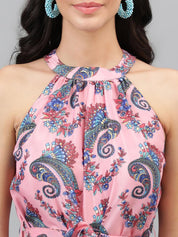 Kotty Pink And Blue Paisley Printed Choker Neck Tiered Fit & Flare Midi Dress
