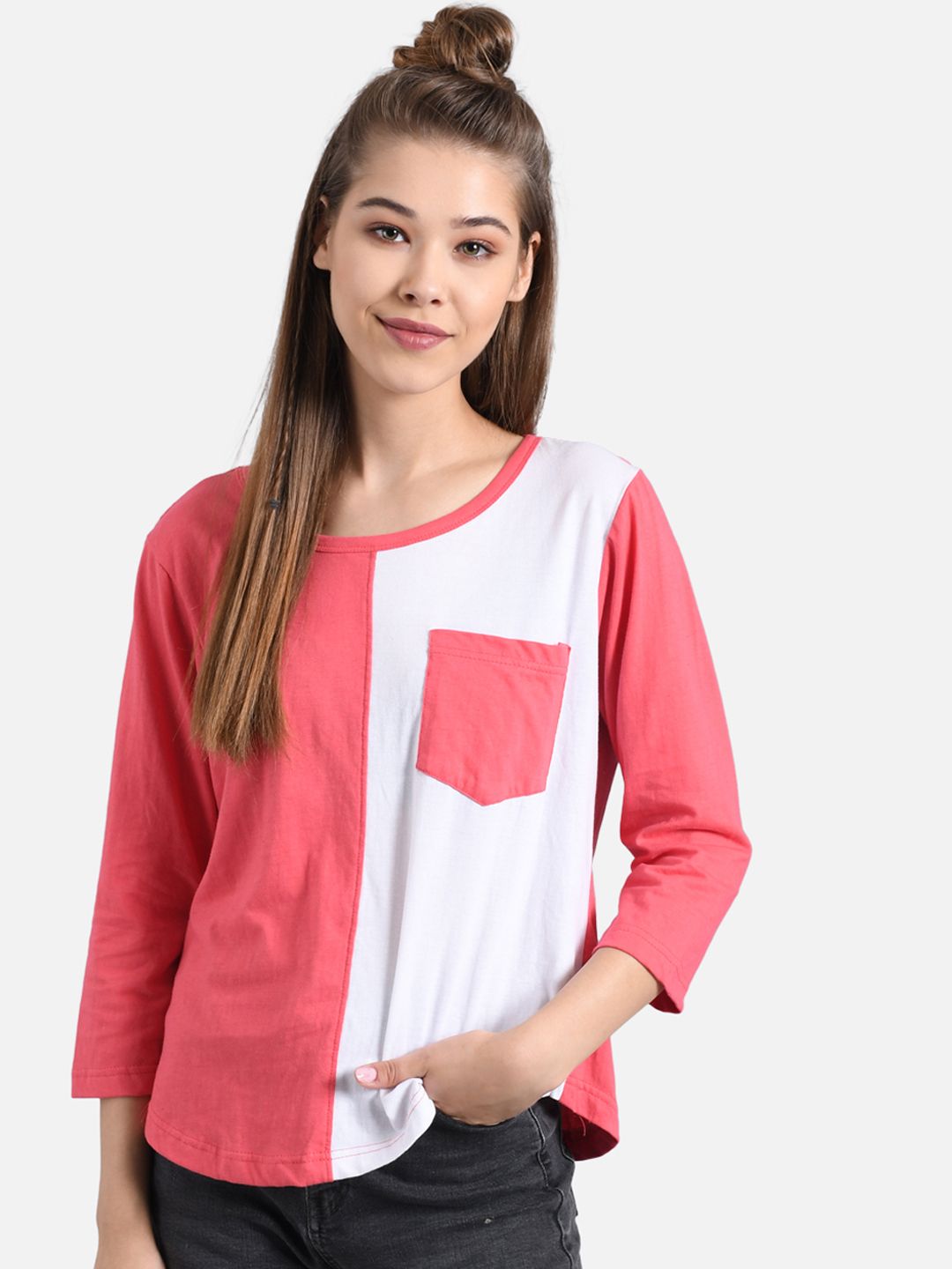 Kotty Women Coral Pink & White Colourblocked Round Neck T-shirt