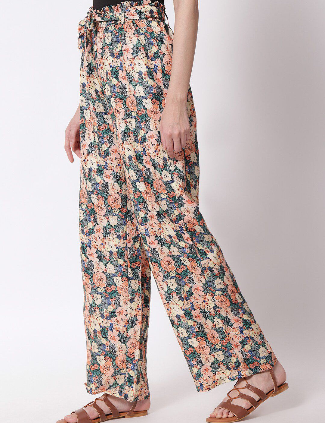 Kotty Women Peach-Coloured Floral Printed Relaxed High-Rise Trousers