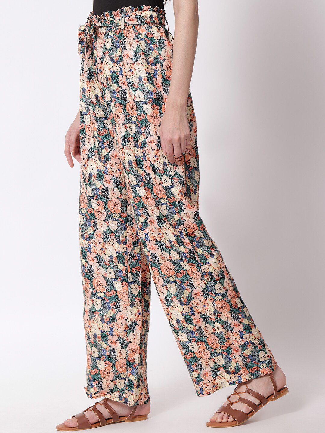 Kotty Women Peach-Coloured Floral Printed Relaxed High-Rise Trousers