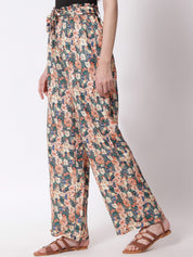 Kotty Women Peach-Coloured Floral Printed Relaxed High-Rise Trousers