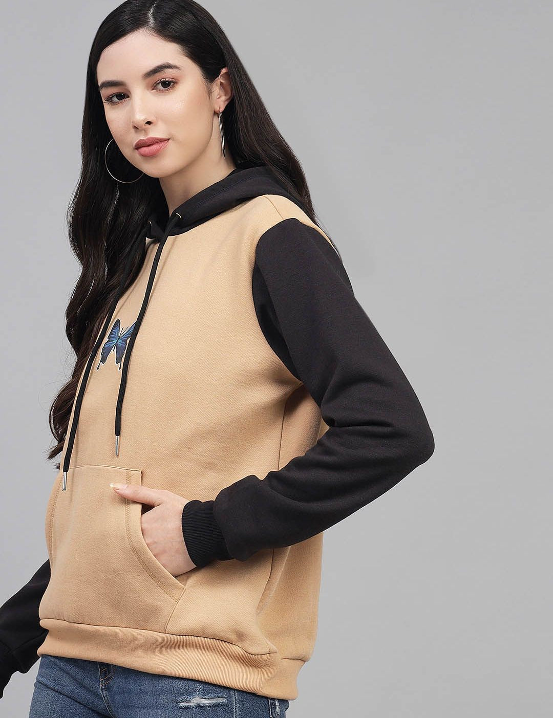Kotty Women Beige Printed Hooded Fleece Sweatshirt