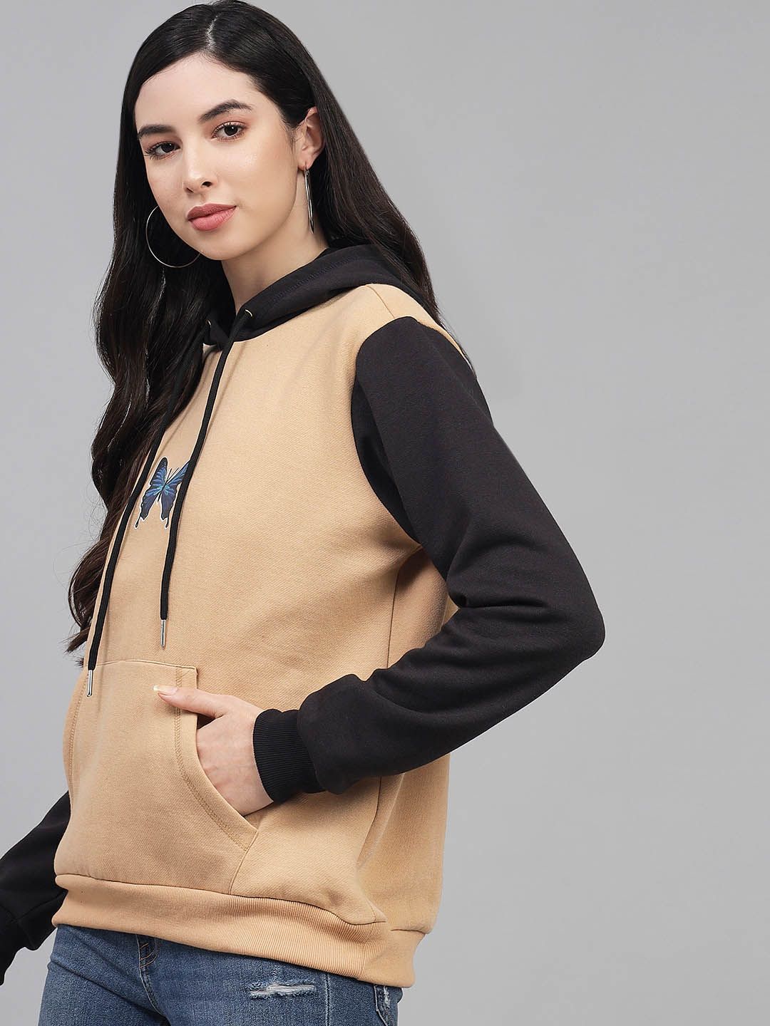 Kotty Women Beige Printed Hooded Fleece Sweatshirt