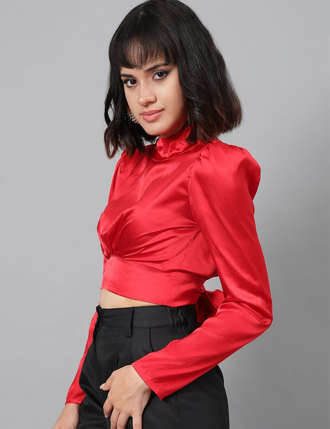 Kotty Red Satin Crop Regular Top