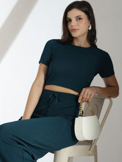 KOTTY Basics Teal Green Round Neck Top With Flared Trousers