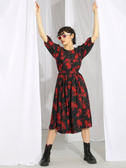 Kotty Black & Red Floral Printed Fit & Flare Midi Dress With Belt