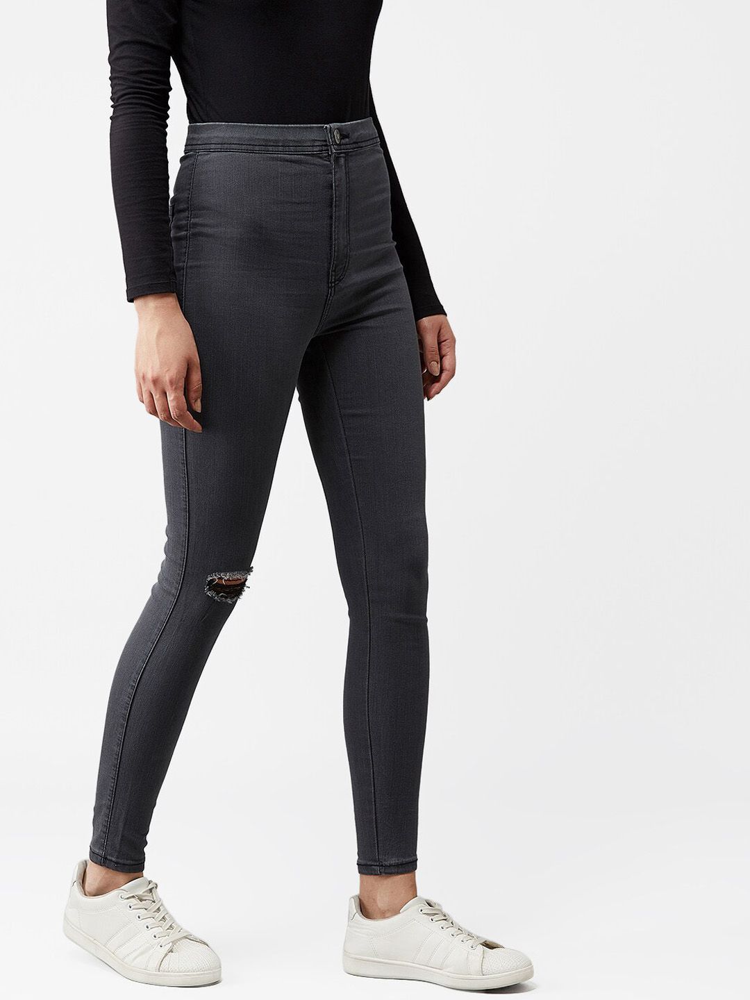 Kotty Women Grey Skinny Fit High-Rise Slash Knee Jeans