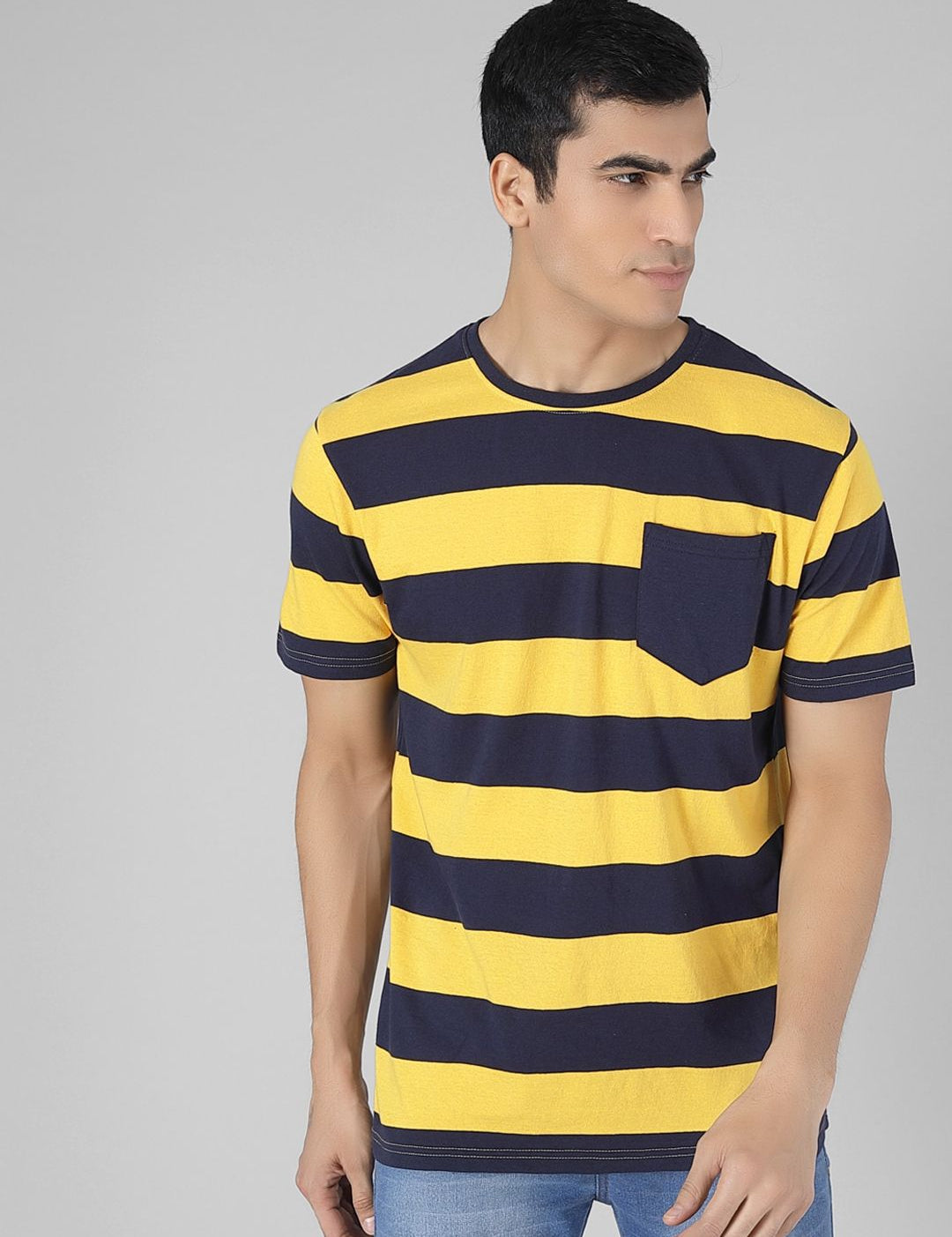 Kotty Men Yellow & Black Striped Round Neck T-shirt