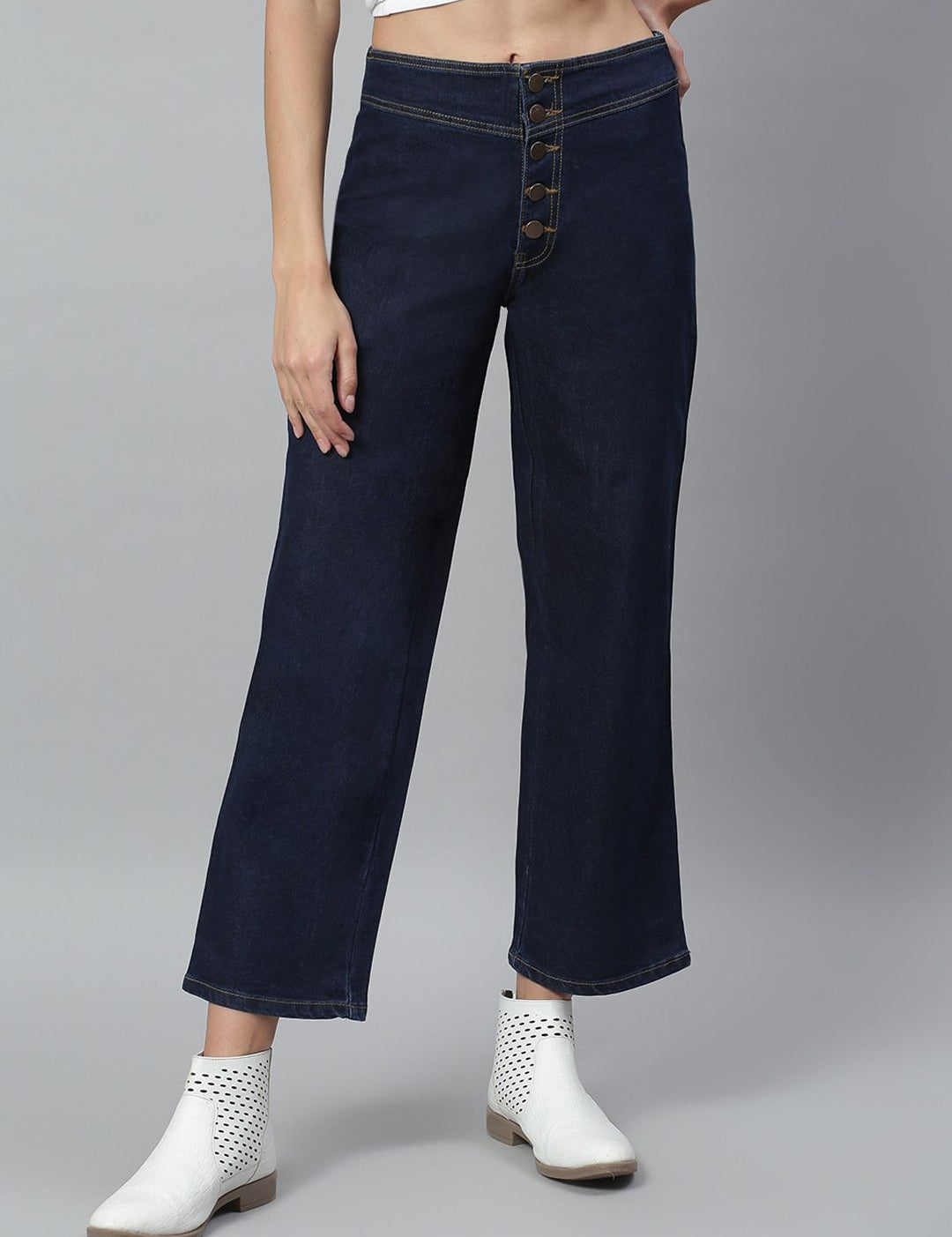 Kotty Women Navy Blue Solid Cotton High Rise Crop Flared Jeans