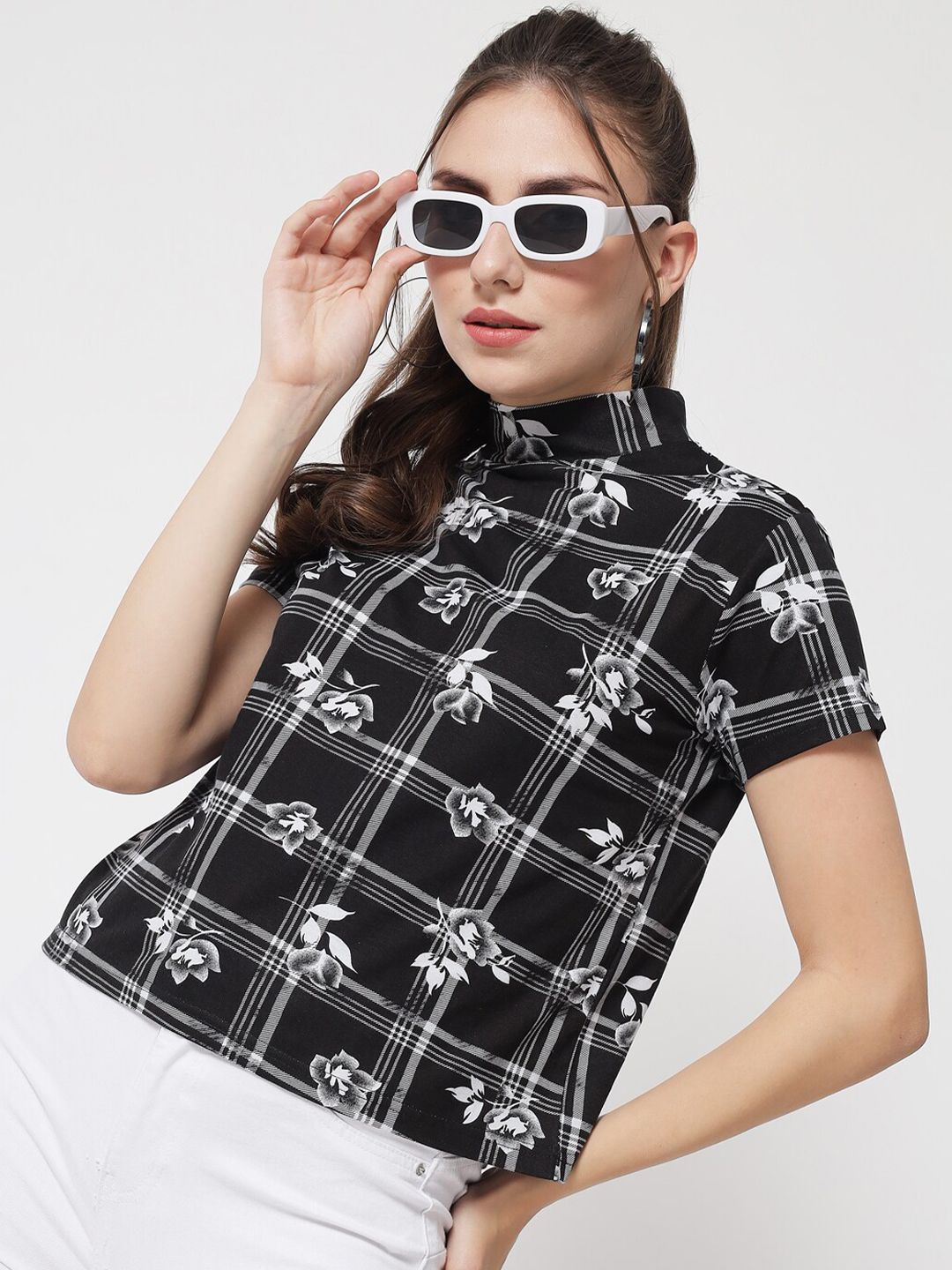 Kotty Black & White Floral Print Monochrome Boxy Crop Top