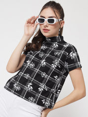 Kotty Black & White Floral Print Monochrome Boxy Crop Top