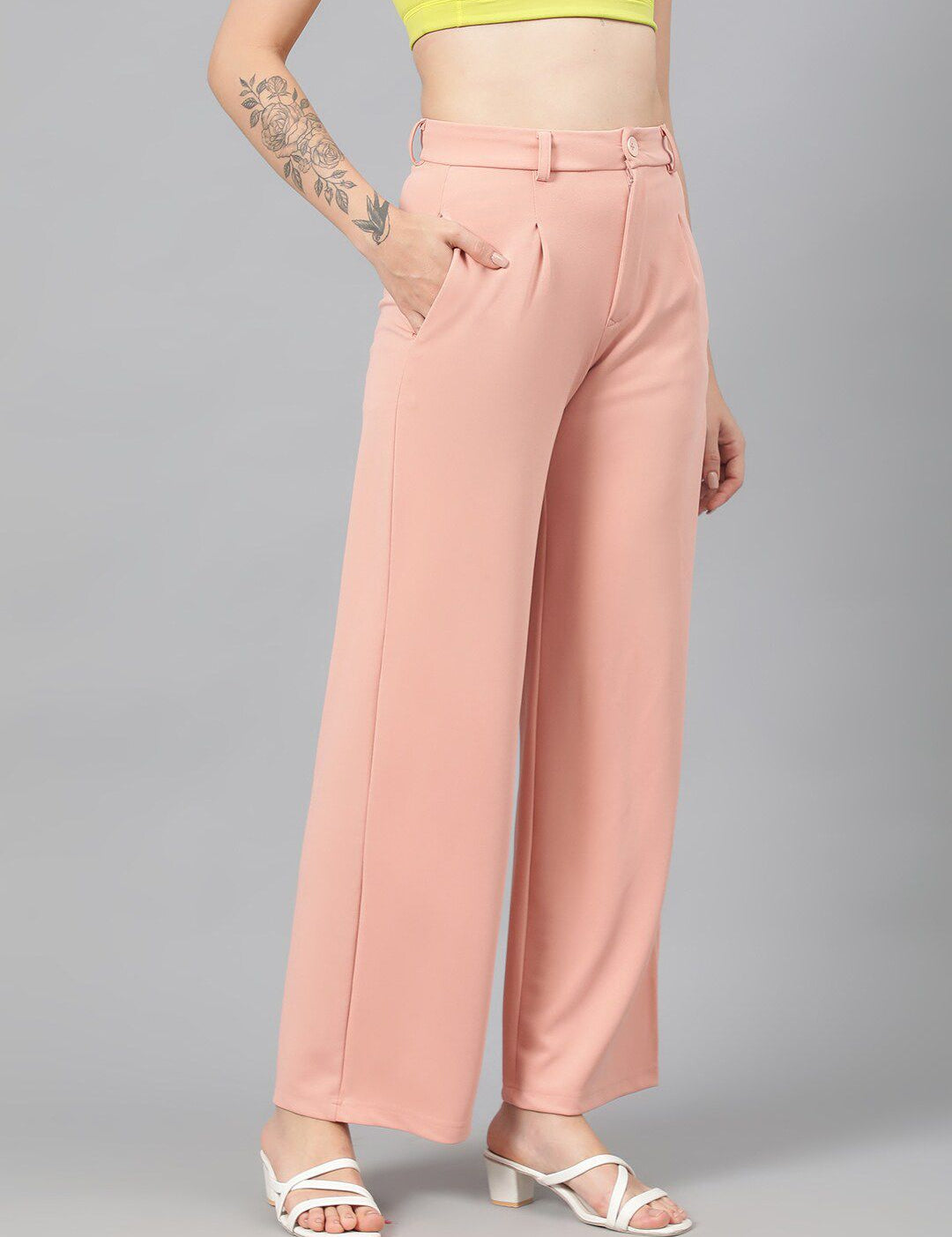 Kotty Women Pink Relaxed Straight Leg Fit High-Rise Easy Wash Parallel Trousers