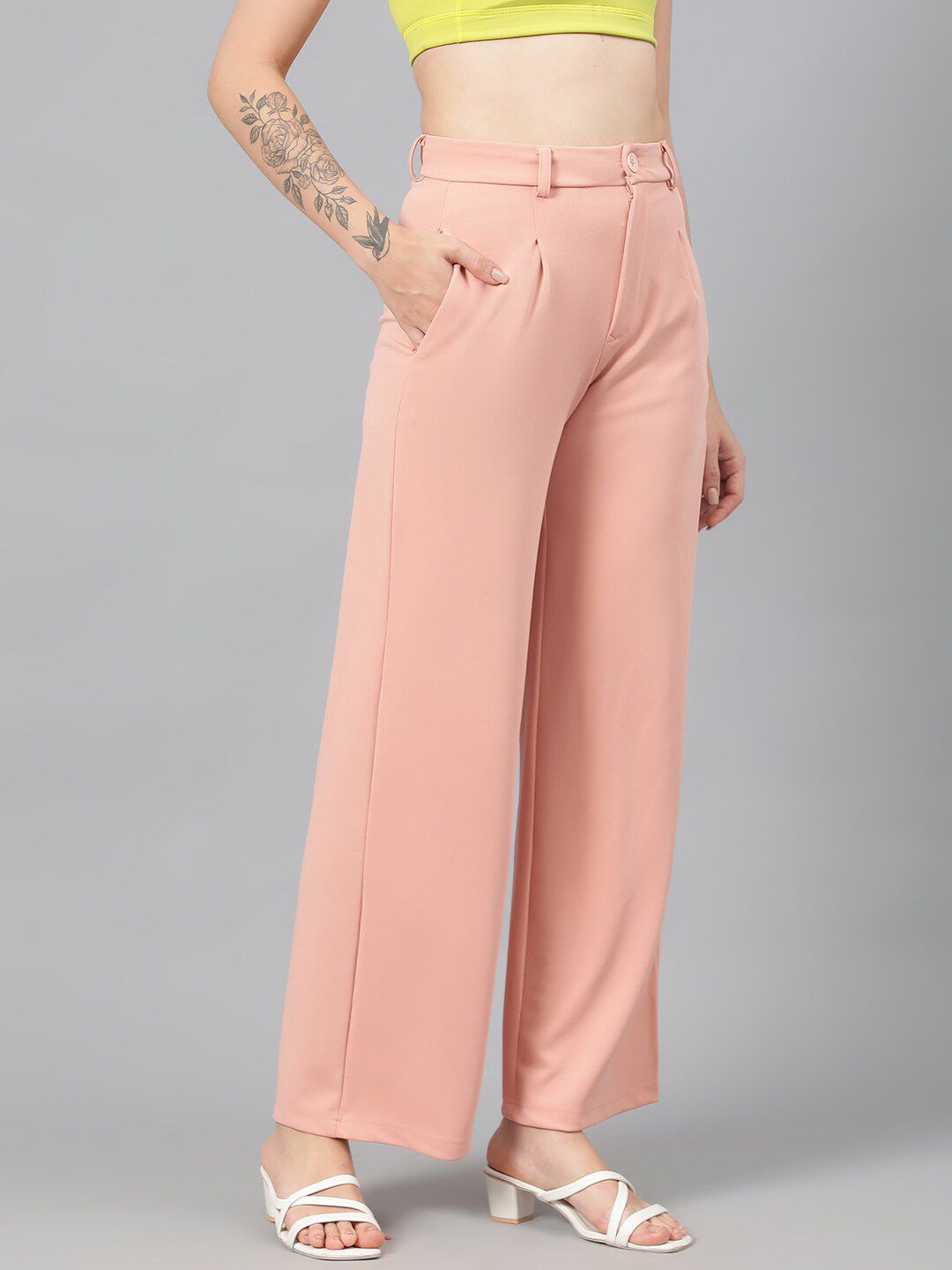 Kotty Women Pink Relaxed Straight Leg Fit High-Rise Easy Wash Parallel Trousers
