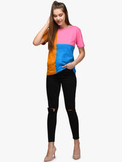 Kotty Women Orange & Blue Colourblocked Round Neck T-shirt