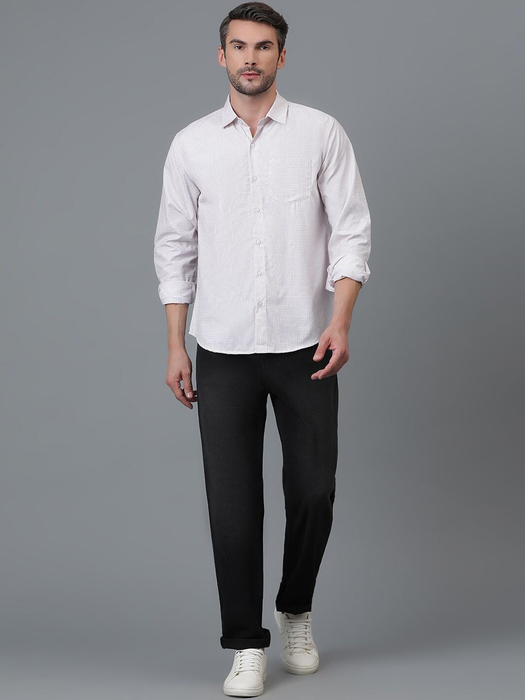 Kotty White Micro Ditsy Printed Spread Collar Casual Shirt