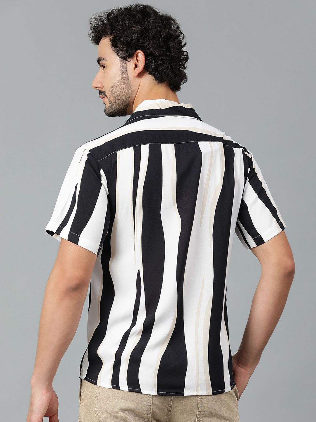 Kotty Men Cuban Collar Striped Casual Shirt