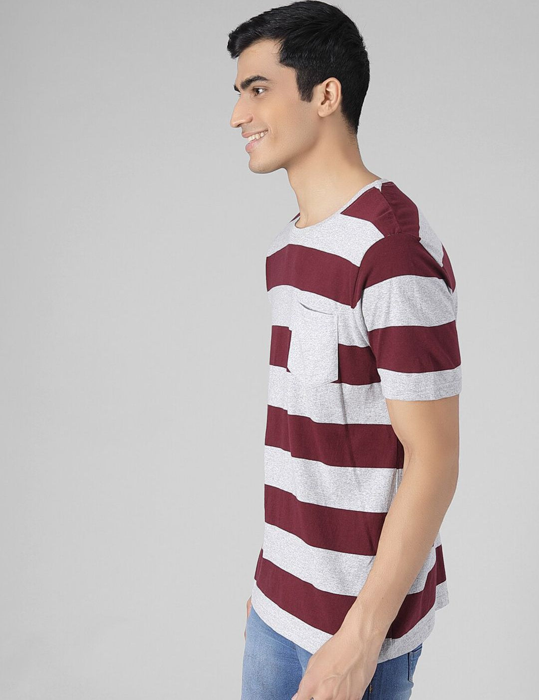 Kotty Men Coffee Brown & Grey Striped Round Neck T-shirt