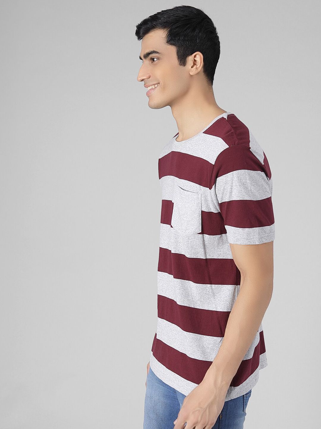 Kotty Men Coffee Brown & Grey Striped Round Neck T-shirt