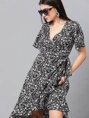 Kotty Black & White Floral Printed Flared Sleeves Crepe Ruffles Wrap Dress