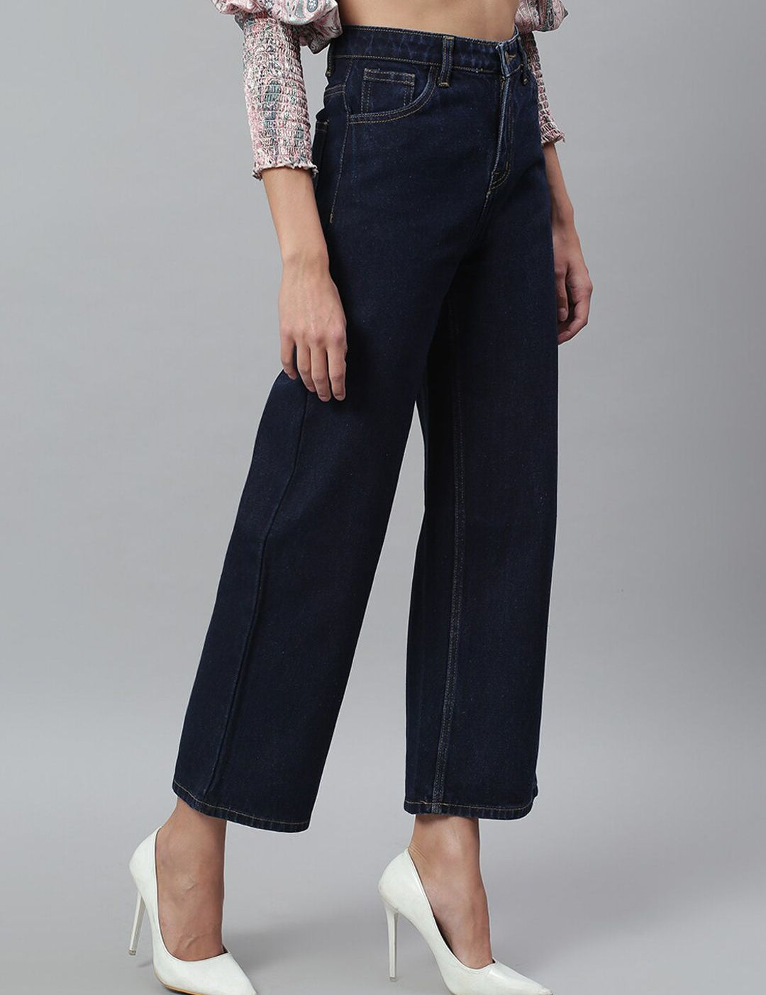 Kotty Women Navy Blue Solid Cotton High-Rise Crop Flared Jeans